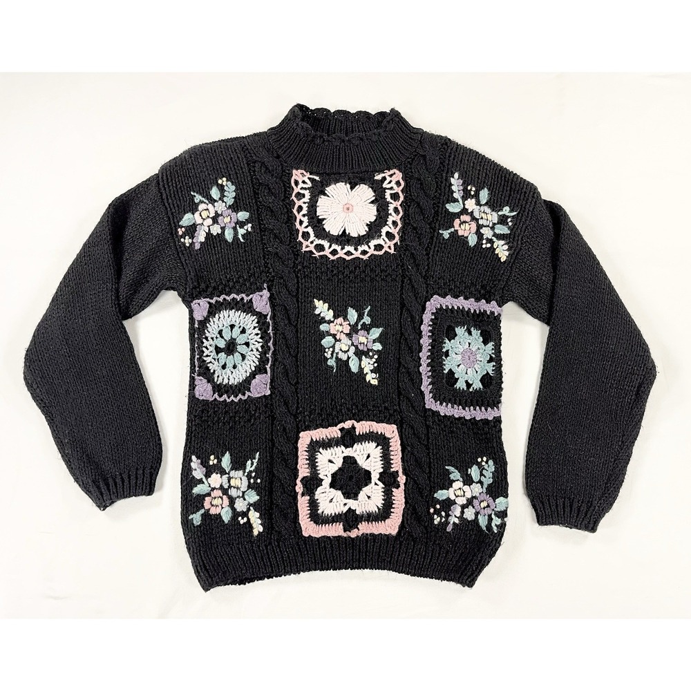 Vtg‎ Maggie Lawrence Sport Floral Granny Square Sweater Womens Small Cottagecore